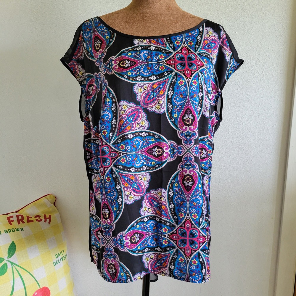 Nicole by Nicole‎ Miller Womens Paisley High Low Blouse Black Shear Back Large